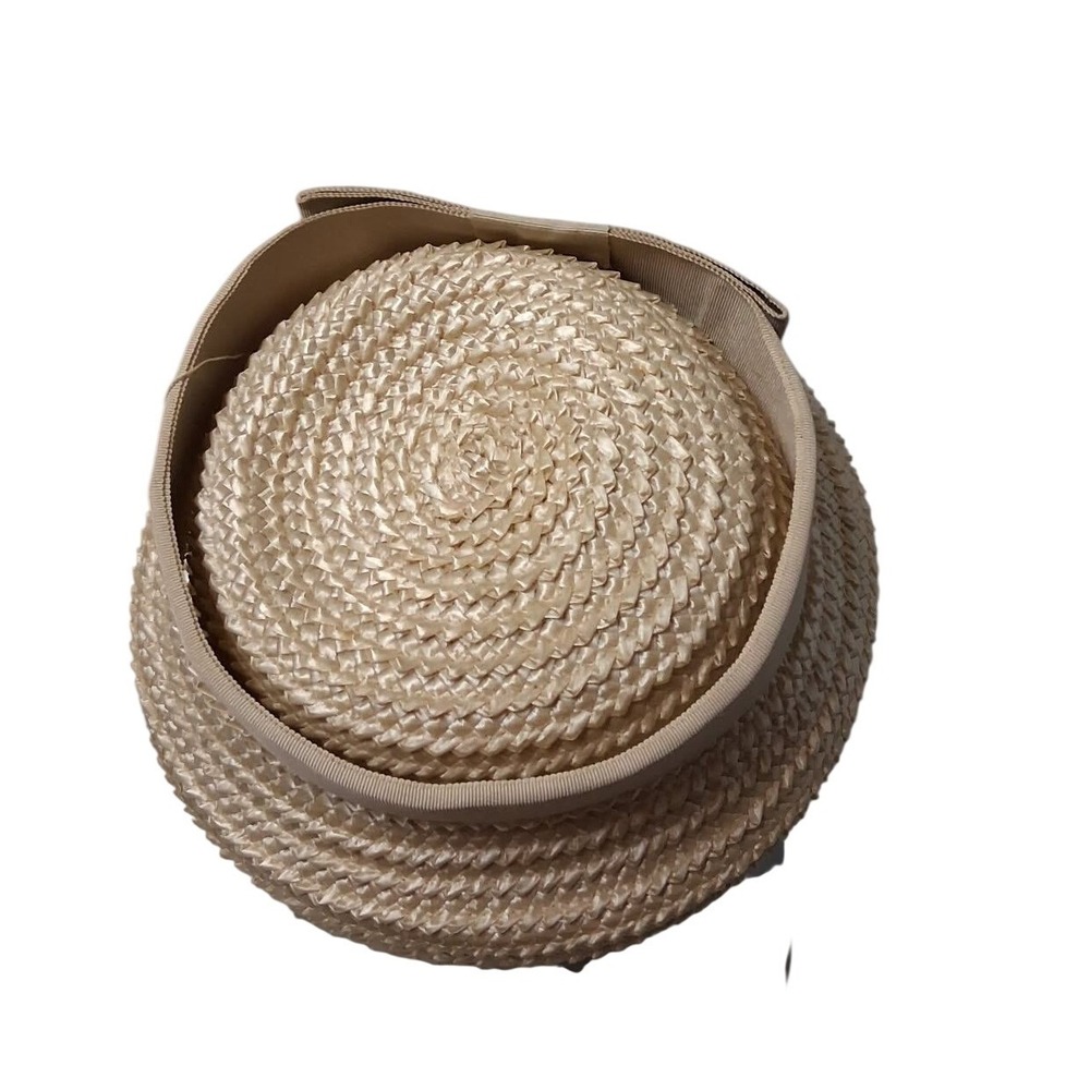 Lonette Originals Vintage Straw Pillbox Hat Cream Grosgrain Ribbon Bow LA Made